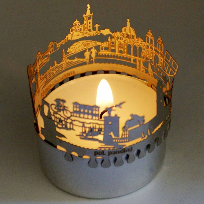 Marseilles candle votive skyline shadow play souvenir gift 3D stainless steel attachment for candles inc postcard