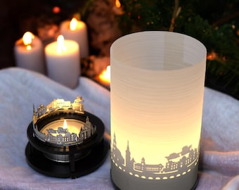 Coffret cadeau premium souvenir de Dresde - Superbe motif de bougie, projection de la ligne d'horizon et jeux d'ombres - Un souvenir parfait pour les fans de Dresde