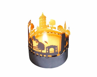 Mannheim-Skyline Windlicht Schattenspiel Souvenir, 3D Edelstahl Aufsatz für Kerze inkl. Karte