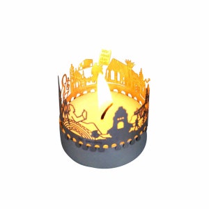 Leipzig-Skyline Windlicht Schattenspiel Souvenir, 3D Edelstahl Aufsatz für Kerze inkl. Karte
