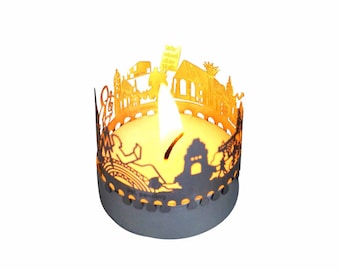 Leipzig candle votive skyline shadow play souvenir gift, 3D stainless steel attachment for candles inc postcard