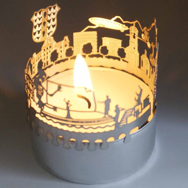 3D stainless steel attachment for candles inc postcard Bregenz candle votive skyline shadow play souvenir gift