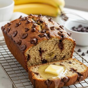 May include: A loaf of banana bread with chocolate chips, sliced to reveal the interior. A pat of butter sits atop a slice, melting into a golden pool. Bananas and chocolate chips are visible.