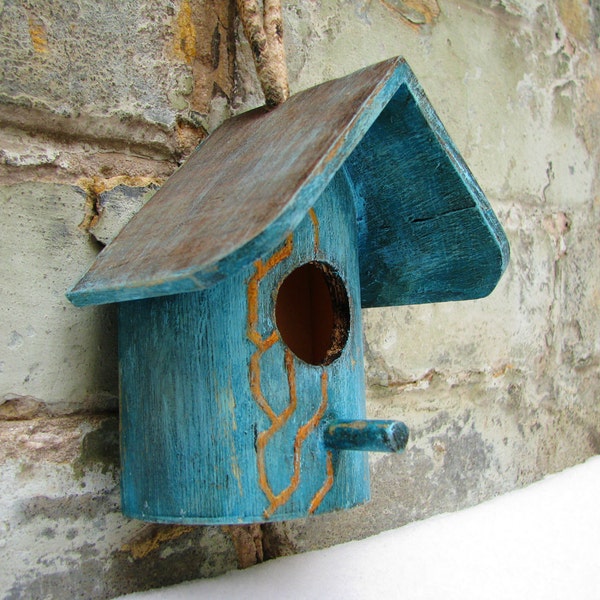 Rustic home decor Wedding Grayed Jade Romantic teal, Ultramarine Green  and gold rustic style bird feeder or nesting box , gift for her