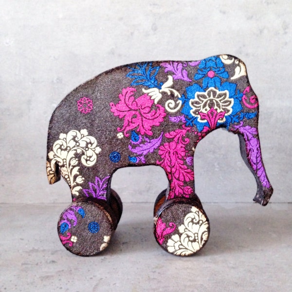 Nursery decor, elephant, Baby shower rustic home decor Ethnic tribal bright pattern, wooden elephant