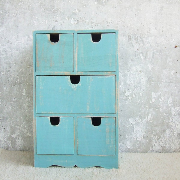 SALE -10%Aquamarine Ultramarine Green vintage  Decor, Rustic Wooden Keepsake with 5 drawers, can be personalized at your order, gift for her