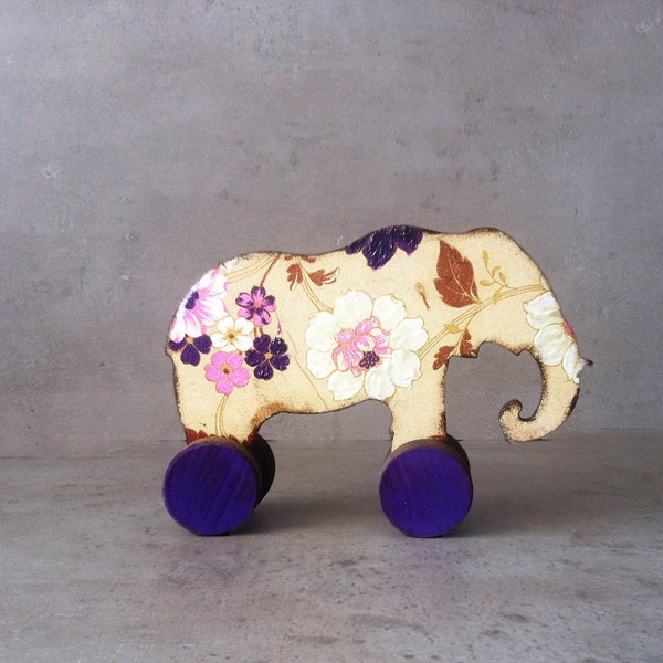 Nursery decor, Wooden vintage rustic toy, cream, purple, brown rolling elephant