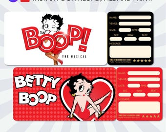 Utskrivbar biljett till Boop The Musical | Redigerbar kupong för Broadway-show | Anpassad present till teater | Rött minnespass för vintageföreställning