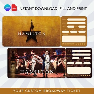 Puede incluir: Una plantilla de boleto de Broadway de Hamilton para imprimir con fondo dorado, silueta de estrella negra y el logotipo de Hamilton. El diseño incluye campos en blanco para nombre, lugar, fecha, hora, sección, fila, asiento y mensaje, con el texto INSTANT DOWNLOAD, FILL AND PRINT.