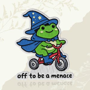 Off To Be A Menace Patch Funny Frog Silly Animal Unhinged Humor Quirky Embroidered Patch Iron On Keychains Hook & Loop For Jacket Hat Jeans