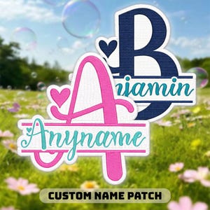 May include: Two custom name patches with embroidered letters and names. One patch features a pink letter "A" with a heart and the name "Anyname" in teal. The other patch has a navy blue letter "B" and the name "iamin" in teal. The text "CUSTOM NAME PATCH" is at the bottom.