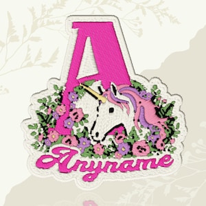 Custom Unicorn Initial Name Patch Colorful Text Personalized Floral Animal Lover Embroidered Patch Iron On Keychains Hook & Loop For Jacket