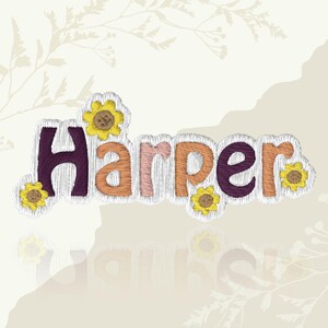 May include: Embroidered patch with the name "Harper". The letters are in purple, orange, and pink, with yellow sunflower accents. The patch has a white border and a light beige background. Ideal for clothing or accessories.
