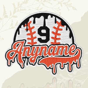 May include: Embroidered baseball patch with the number 9 in black, and the word "Anyname" in orange script. The baseball design features orange stitching and black dripping accents, set against a white background.