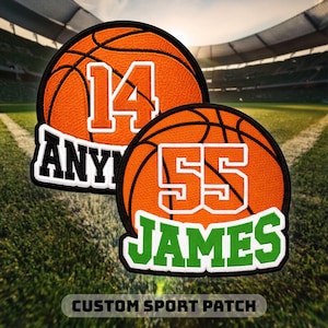 May include: Two custom basketball patches. One patch features the number 14 in white, the other has the number 55 in white. Both are set against an orange basketball design. The bottom of each patch has a white border with text. The text reads "ANY" and "JAMES". The bottom of the image reads "CUSTOM SPORT PATCH".