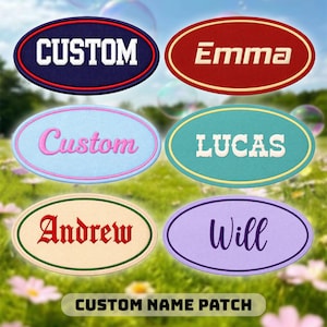 May include: A collection of oval name patches in shades of blue, red, light blue, teal, beige, and purple. Each patch displays a different name embroidered in a contrasting colour. The text "CUSTOM NAME PATCH" is at the bottom.