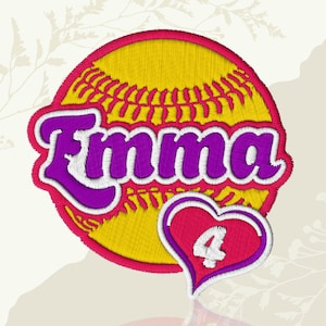 May include: Embroidered patch with a yellow softball design and red stitching. The name "Emma" is in purple script with a white outline. A pink heart with the number "4" is also included.