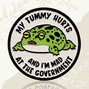 May include: Embroidered patch featuring a green frog with black spots and yellow eyes. The frog has a sad expression and the text "MY TUMMY HURTS AND I'M MAD AT THE GOVERNMENT" is written around it in black.