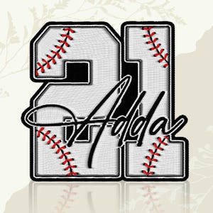 May include: A white and black baseball-themed patch featuring the number 21 and the name "Addax" in a script font. The number has red stitching details, resembling a baseball. The patch has a black border.