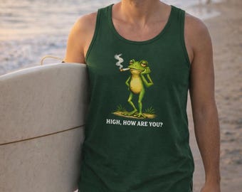 Camiseta regata engraçada "TOO HIGH CHARLIE, o Sapo Maconheiro" | Design divertido de sapo da cannabis