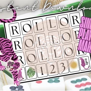 May include: A decorative game board with the text "ROLL OR ROLL" and "1 2 3". A pink tiger illustration is on the left. The words "Instant Download" are at the top. The words "Single Player Mahj" are on a pink rectangle.