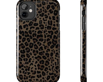 May include: A brown and black leopard print phone case. The case has a glossy finish and a black camera lens opening. The side view shows the case's slim profile and button placements.