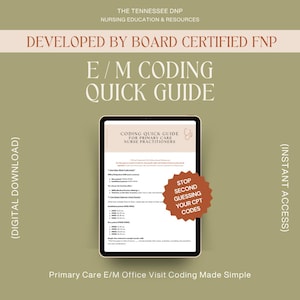 May include: A digital download titled "E/M Coding Quick Guide" for primary care nurse practitioners. The guide is displayed on a tablet, with the text "Stop Second Guessing Your CPT Codes" on a sticker. The background is a muted olive green.
