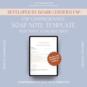 Op de afbeelding: Een digitale tablet met een uitgebreide SOAP-notitiesjabloon, ontworpen door een door de raad gecertificeerde FNP. De sjabloon bevat "wat op te nemen" hints en is handig voor studenten in klinische omgevingen. De achtergrond is lichtblauw.