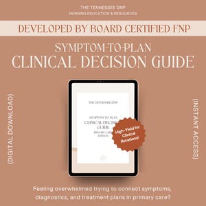 May include: A digital tablet displays a "Symptom-to-Plan Clinical Decision Guide" with the text "High-Yield for Clinical Rotations!" on a brown background. The text "The Tennessee DNP" and "Nursing Education & Resources" are at the top.