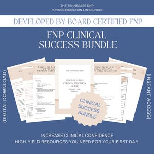 May include: A digital FNP Clinical Success Bundle featuring multiple nursing education documents. The text includes The Tennessee DNP, Developed by Board Certified FNP, Symptom to Plan Clinical Decision Guide, and Clinical Success Bundle.