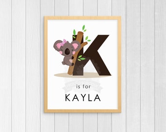 K is voor Koala... Gepersonaliseerde Kids dierlijke Wall Art Decor met naam en Monogram - digitale afdrukbare