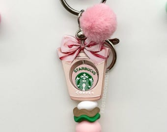 Pink Bow Starbucks Inspired Keychain Purse Charm Pink Coffee Cup Beaded Keychain, Coffee Lover Bag Charm, Cute Purse Charm, Coffee Accessory
