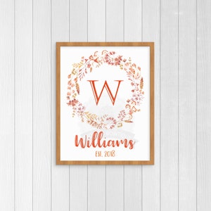 Personalized Family Name Date Established Printable Wall Art - Last Name Wedding Sign Anniversary Est Date Fall Floral Wreath