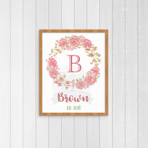 Date Established Printable Wall Art Custom Family Name Personalized Last Name Pink Rose Floral Wreath Wedding Sign Anniversary Est Date