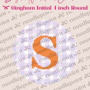 May include: Digital needlepoint chart featuring a gingham initial "S" in orange, set on a 4-inch round design. The background has a light purple and white checkered pattern. The text "18 count mesh" is at the bottom.
