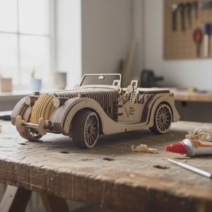 May include: A wooden model of a vintage car, featuring intricate details and a light brown color. The car is set on a wooden workbench, with a tube of glue and a small tool nearby. The car has a convertible top and detailed wheels.