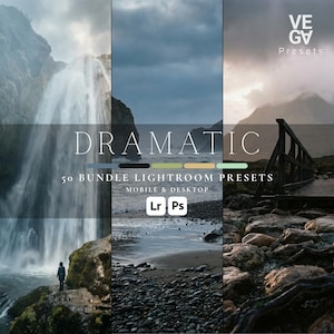 May include: A digital product image with the word "DRAMATIC" in white text. Below, it reads "50 BUNDLE LIGHTROOM PRESETS MOBILE & DESKTOP". The image is split into three vertical sections, each showing a different landscape scene.