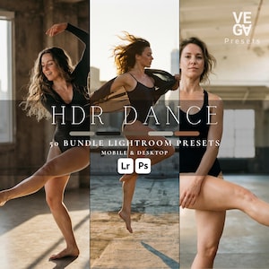 Peut inclure: Image publicitaire avec trois femmes en justaucorps noirs, en train de danser. Le texte "HDR DANCE" est affiché, ainsi que "50 BUNDLE LIGHTROOM PRESETS" et "MOBILE & DESKTOP". Le logo "VEGV Presets" est en haut à droite.