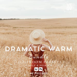 Op de afbeelding: Een vrouw in een rode polkadotjurk en strohoed staat in een tarweveld. De afbeelding bevat de tekst "DRAMATIC WARM Bundle LIGHTROOM PRESETS MOBILE & DESKTOP" met de Lightroom- en Photoshop-logo's en "50 PRESETS".