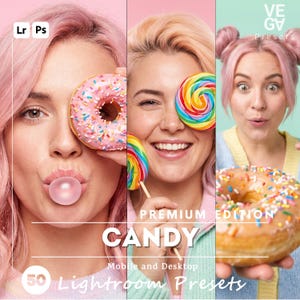 Könnte beinhalten: Ein lebendiges Bild mit drei Frauen mit rosa Haaren, die jeweils Süßigkeiten halten. Eine hat eine rosa Kaugummiblase, eine andere einen Regenbogen-Lutscher und die dritte einen glasierten Donut mit Streuseln. Der Text "CANDY" und "Lightroom Presets" sind ebenfalls sichtbar.