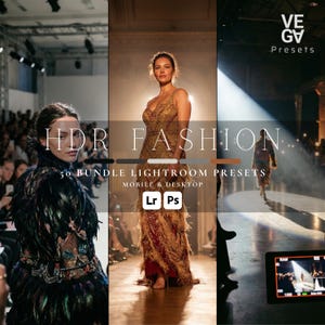 Pode incluir: Uma imagem composta que mostra fotografia de moda. A imagem central apresenta uma modelo com um vestido dourado e vermelho. A sobreposição de texto diz "HDR FASHION" e "50 BUNDLE LIGHTROOM PRESETS". A imagem também inclui o texto "MOBILE & DESKTOP" e "Lr Ps."