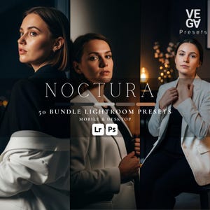 Puede incluir: Imagen promocional de VEGV Presets con una mujer con una blazer negra y otra con una blazer blanca. Se muestra el texto "NOCTURA", junto con "50 BUNDLE LIGHTROOM PRESETS" y "MOBILE & DESKTOP". La imagen también incluye los logotipos "Lr Ps".
