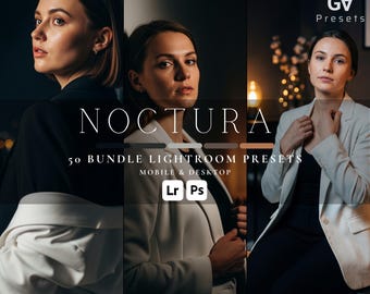 May include: Promotional image for VEGV Presets. It features a woman in a black blazer and another in a white blazer. The text "NOCTURA" is displayed, along with "50 BUNDLE LIGHTROOM PRESETS" and "MOBILE & DESKTOP". The image also includes "Lr Ps" logos.