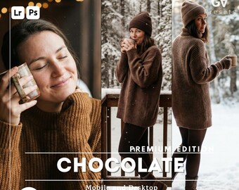 以下が含まれることがあります： 茶色のセーターと帽子をかぶった女性が、雪景色の中でマグカップを持っています。画像には「CHOCOLATE」と「50 Lightroom Presets」という文字が含まれています。デジタル製品のプロモーション画像です。