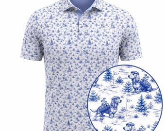 Dachshund Golf Polo Shirt, Wiener Dog Golf Shirt, Blue Toile Golf Polo,Dog Lover Golf Apparel, Men Polyester Golf Performance Breathable Top