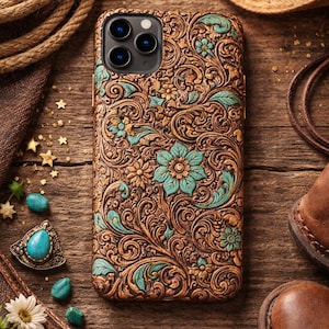 2D Printing Western Cowgirl Floral Phone Case, Turquoise Tooled Leather Print Style Cover for Iphone 17 16 15 14 13 12,Floral Mexican Rustic