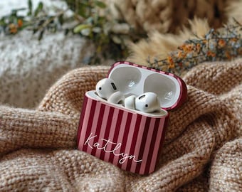 Name Custom Monogram Letter Striped Airpods Case Airpods 4 Case Modern Design Accessory Gifts For Teen Girls Preppy Style Wireless Holder
