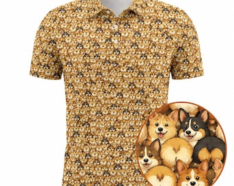 Men’s Corgi Dog Pattern Golf Polo Shirt, Funny Animal Print Summer Shirt, US Men Polyester Short Sleeve Polo, Preppy Golf Performance Outfit
