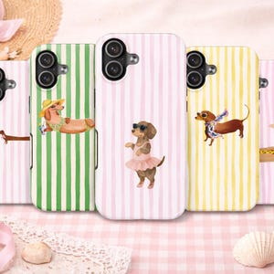 Dachshund Phone Case Stripes Cute Dog Cover for iPhone 17, 16, 15, 14, 13, 12 and Samsung, Shockproof Durable Tough Case For Phone, Gift Her