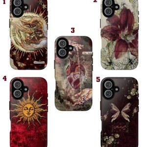 May include: A collection of five phone cases with unique designs. The cases feature various artistic illustrations, including a sun face, a heart, a butterfly, and floral patterns. The color palette includes shades of red, gold, and brown.